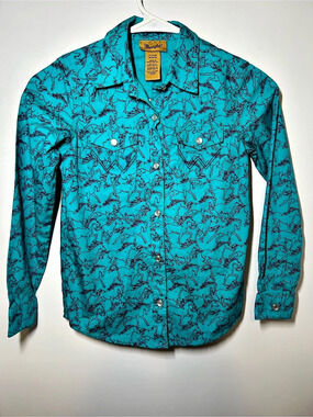 Wrangler Teal Cowgirl Horse Print Girl's Western Snap Shirt Abstract Western